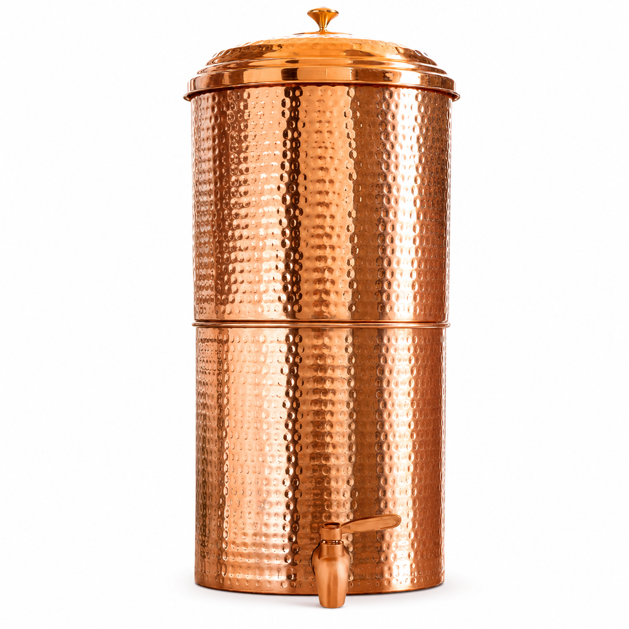 A hammered copper water dispenser with a matching copper lid and a copper spout, shown on a solid white background.