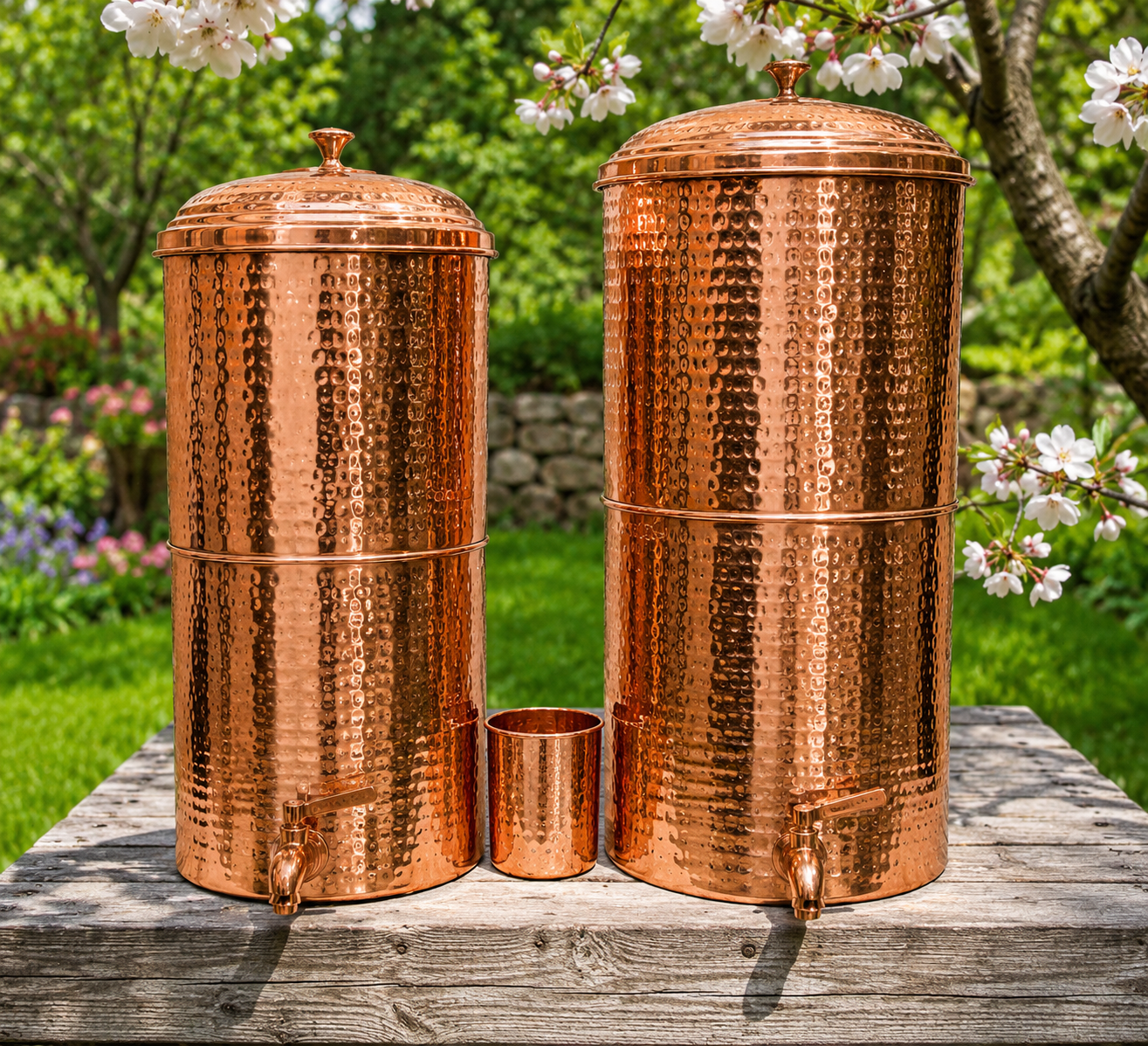 Two hammered copper beverage dispensers and a matching copper cup displayed outdoors on a wooden table in a garden setting with green grass and flowering branches in the background.