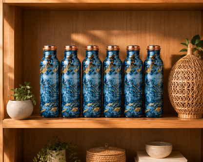 Printed Copper Water Bottle Set of 6 – Blue Marble Design | 1000ml Each