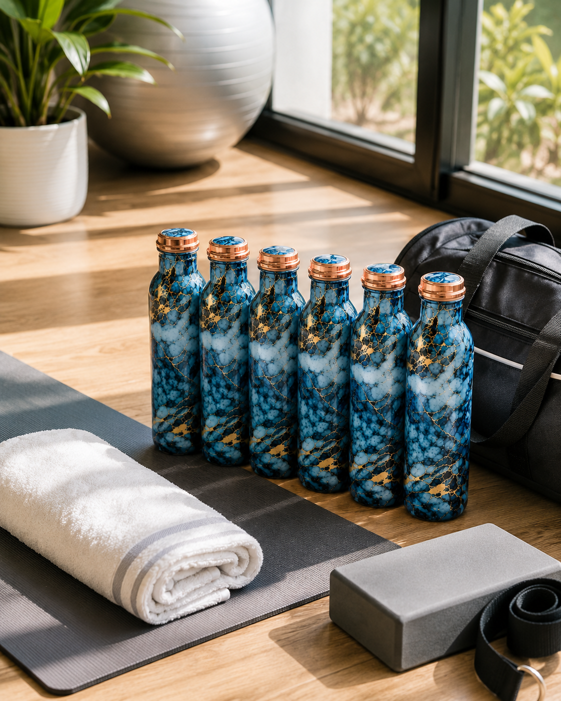 Printed Copper Water Bottle Set of 6 – Blue Marble Design | 1000ml Each