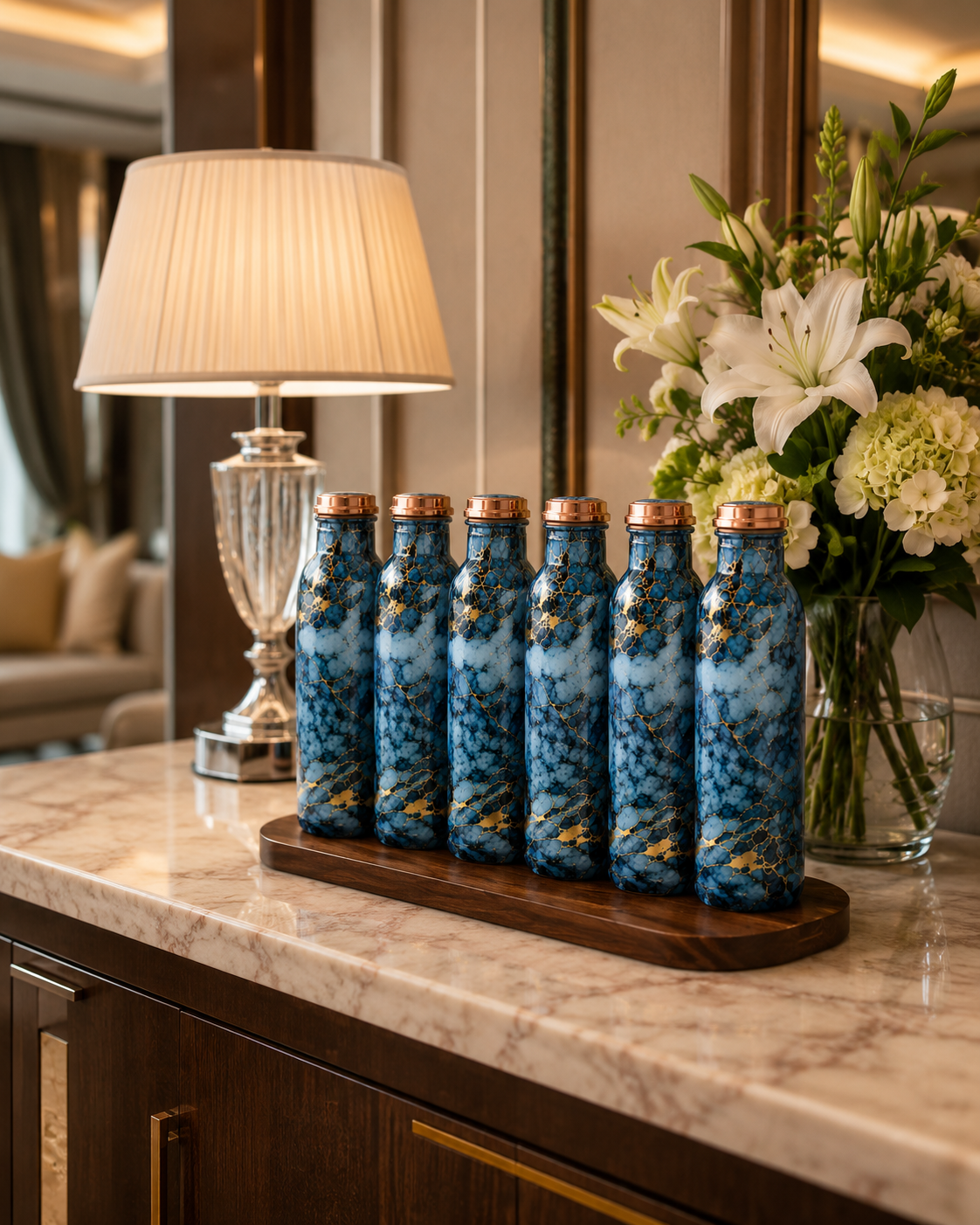 Printed Copper Water Bottle Set of 6 – Blue Marble Design | 1000ml Each