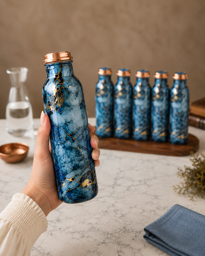 Printed Copper Water Bottle Set of 6 – Blue Marble Design | 1000ml Each