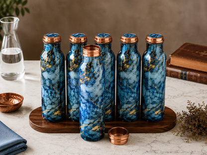 Printed Copper Water Bottle Set of 6 – Blue Marble Design | 1000ml Each