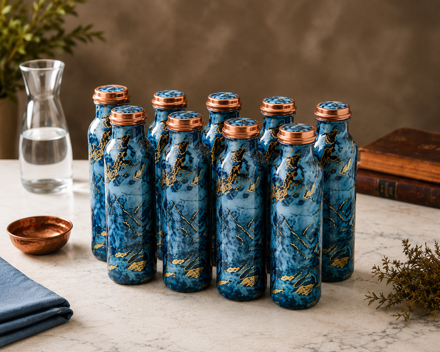 Printed Copper Water Bottle Set of 6 – Blue Marble Design | 1000ml Each