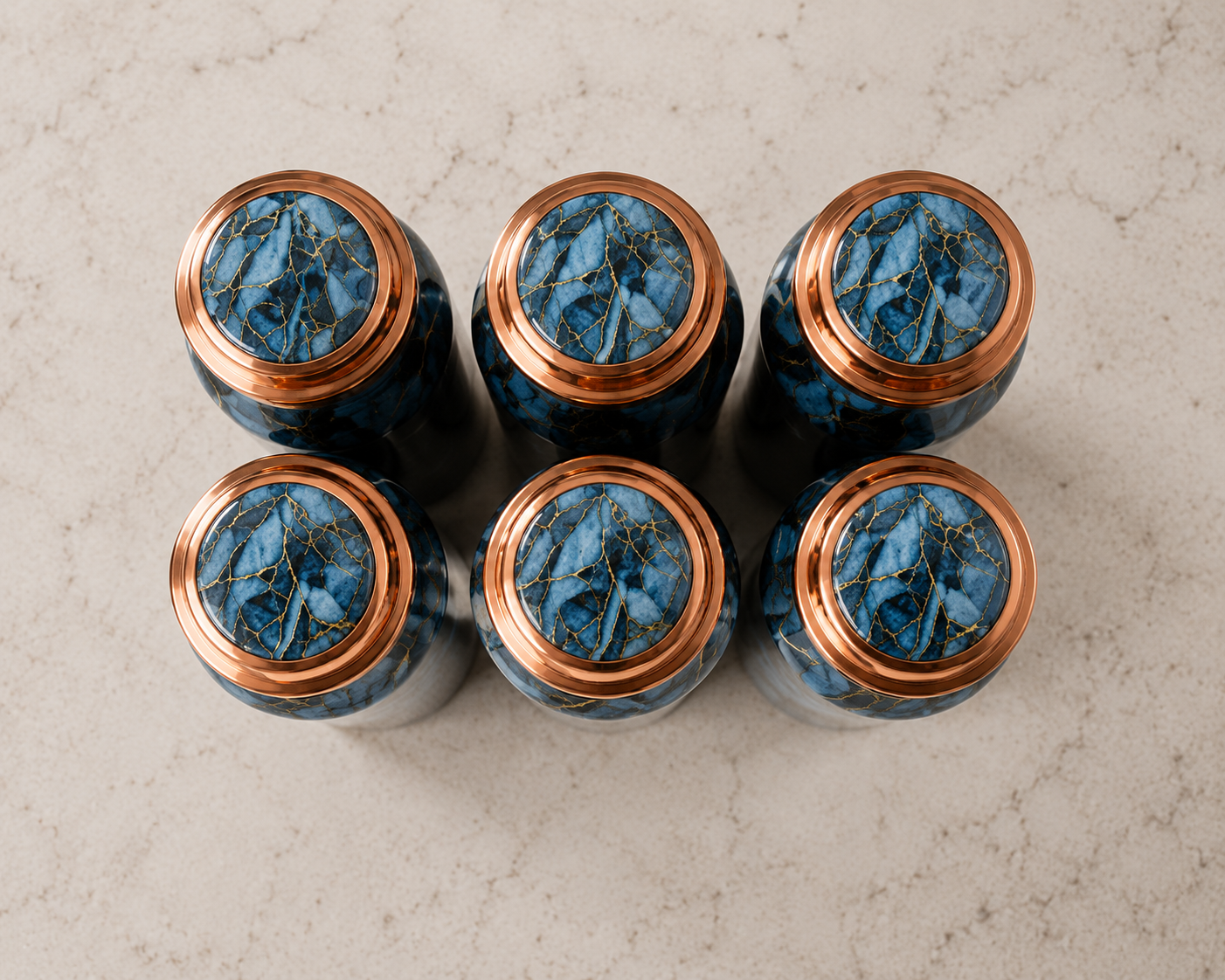 Printed Copper Water Bottle Set of 6 – Blue Marble Design | 1000ml Each