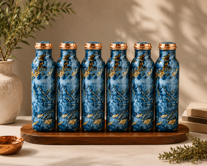 Printed Copper Water Bottle Set of 6 – Blue Marble Design | 1000ml Each
