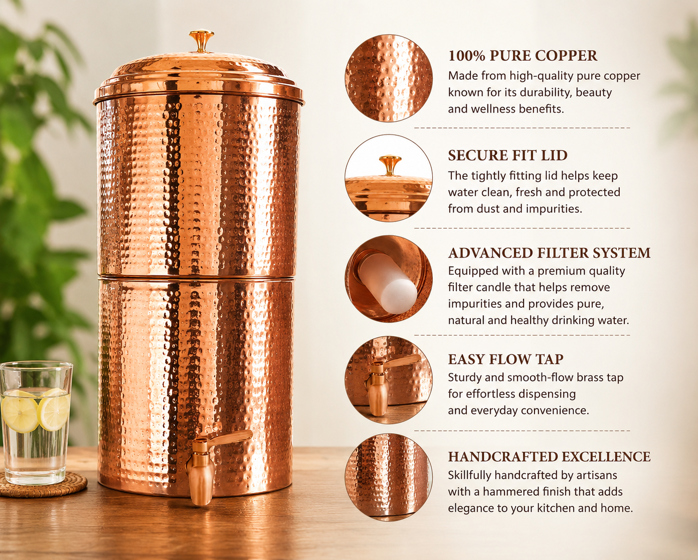 Pure Copper Water Filter – 20L Gravity Ceramic Water Dispenser | Handcrafted in India
