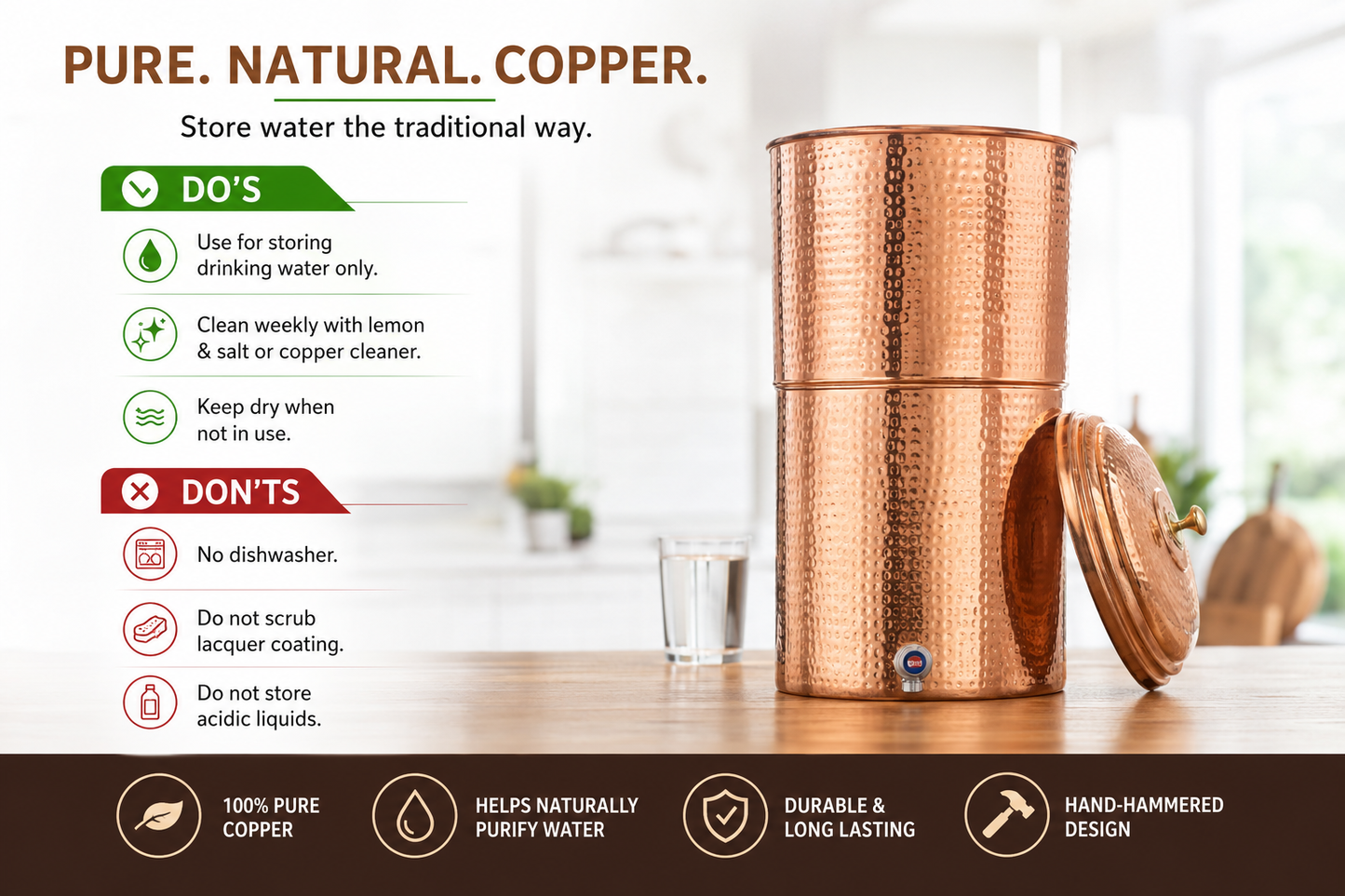 Pure Copper Water Filter – 20L Gravity Ceramic Water Dispenser | Handcrafted in India