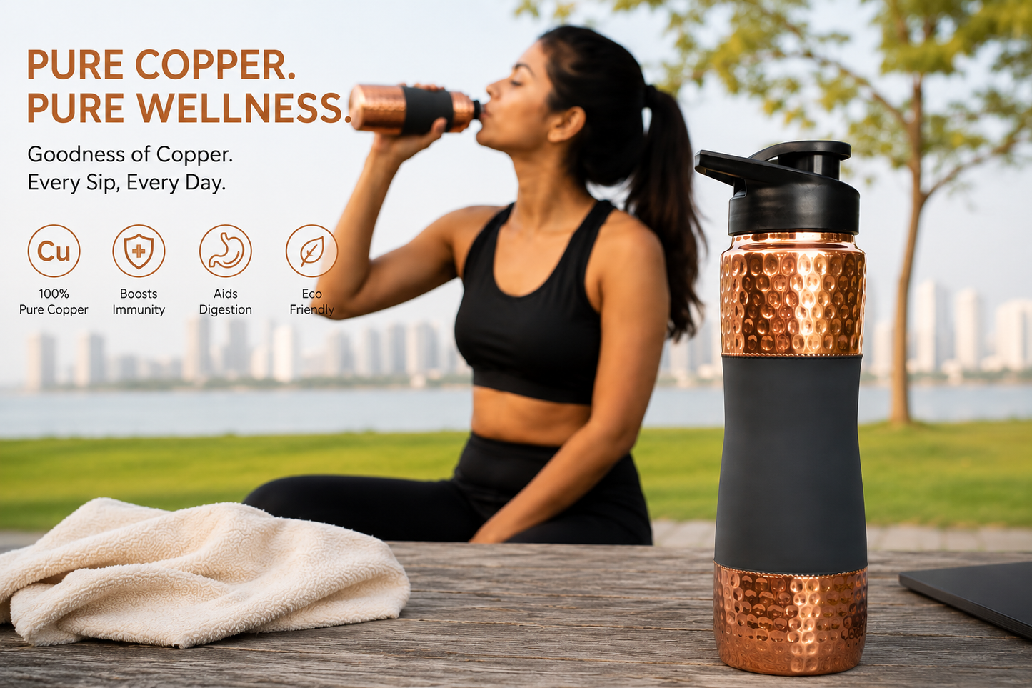 Hammered Copper Sports Water Bottle with Flip Cap – 1000ml | Matte Grip Design