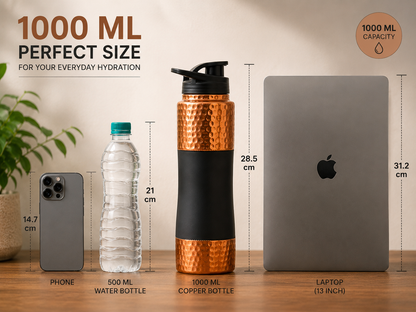 Hammered Copper Sports Water Bottle with Flip Cap – 1000ml | Matte Grip Design