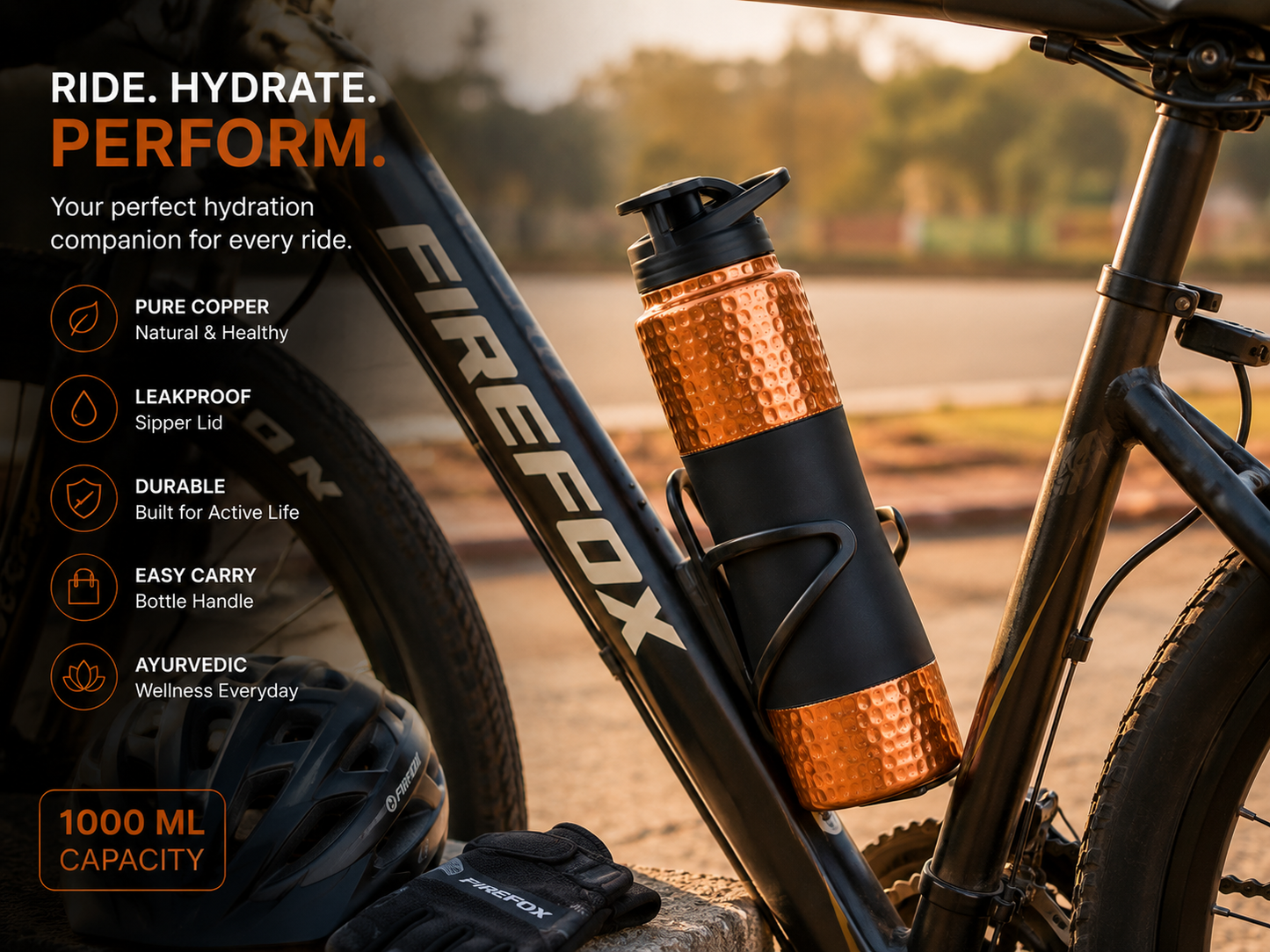 Hammered Copper Sports Water Bottle with Flip Cap – 1000ml | Matte Grip Design