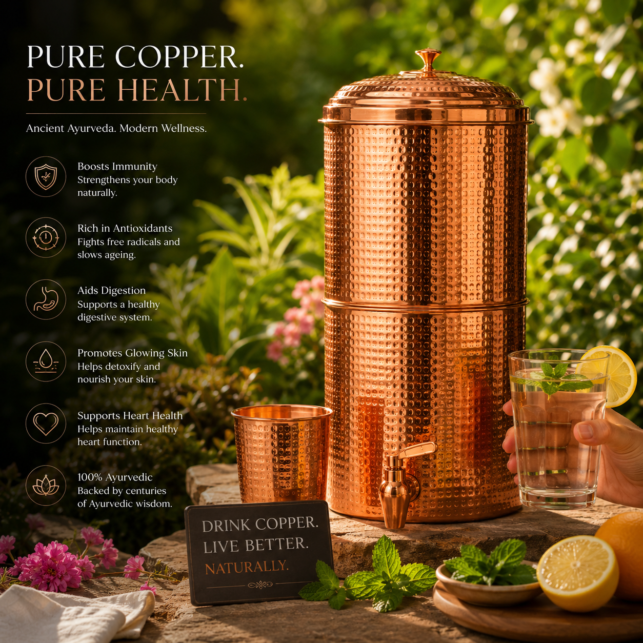 Pure Copper Water Filter – 20L Gravity Ceramic Water Dispenser | Handcrafted in India