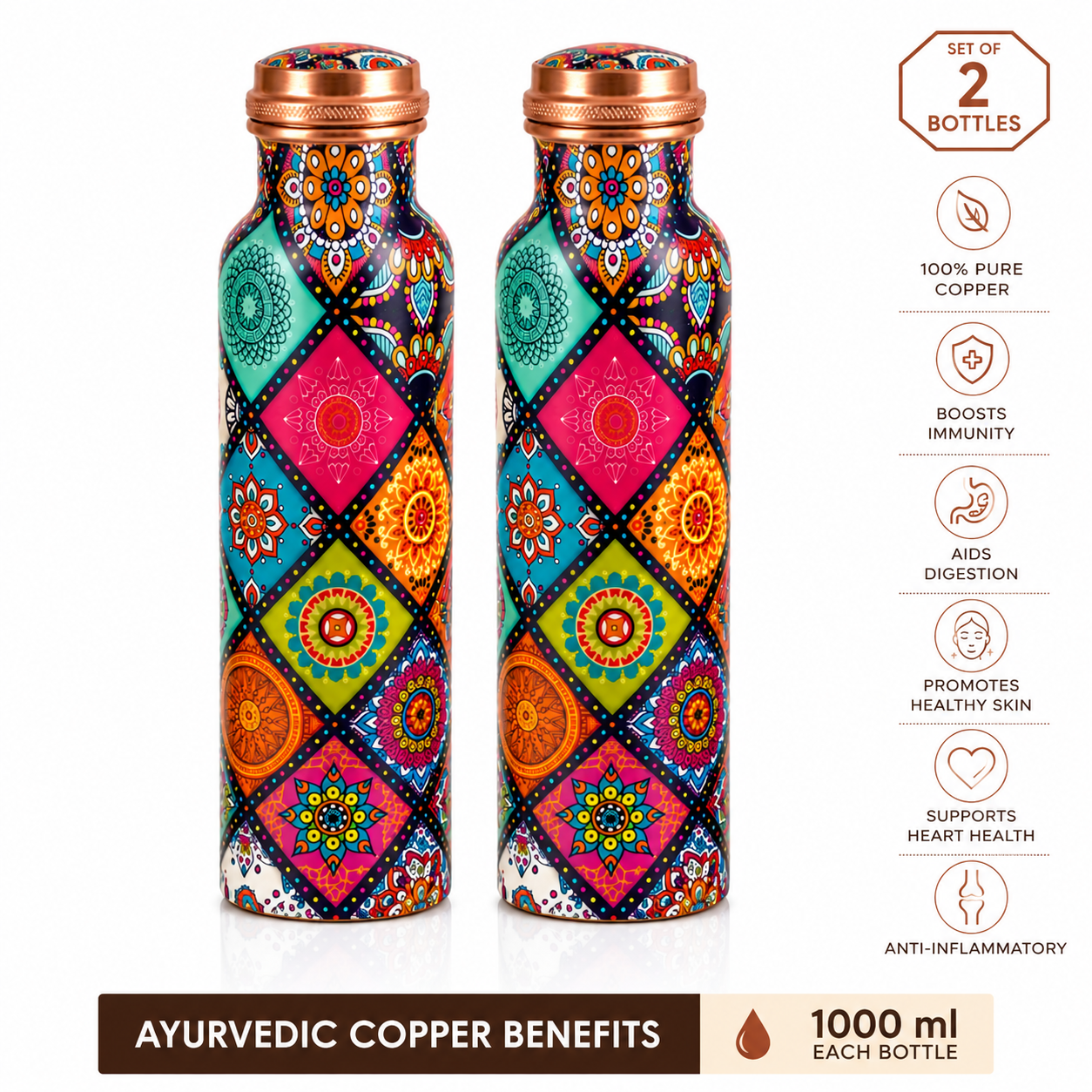 Set of 2 pure copper water bottles with colorful mandala print design, 1000ml each