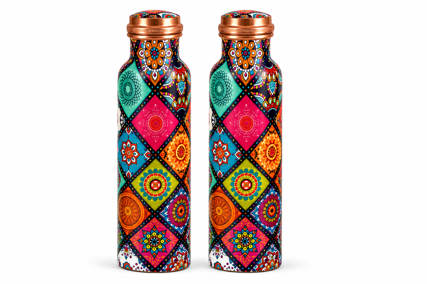Printed Copper Water Bottle Set of 2 – Mandala Design | 1000ml Each