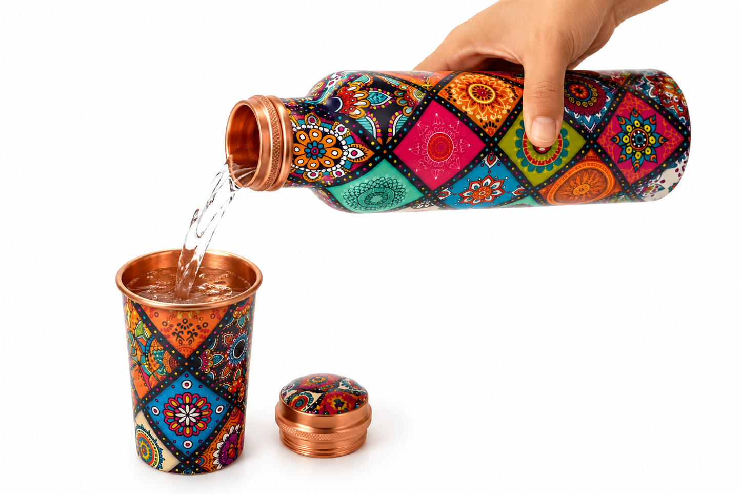 Printed Copper Water Bottle Set of 2 – Mandala Design | 1000ml Each