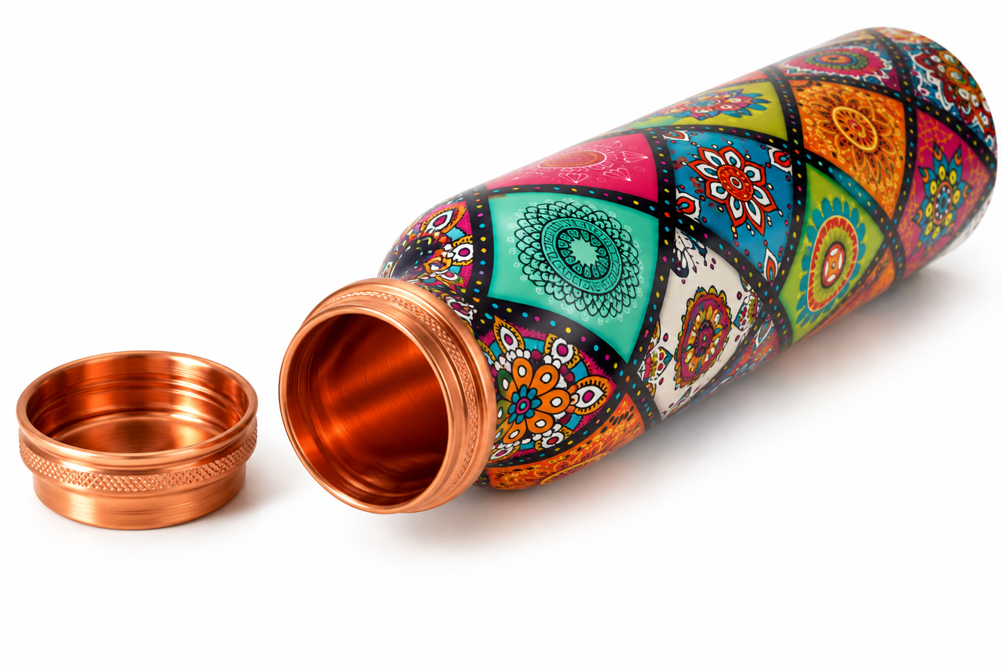 Printed Copper Water Bottle Set of 2 – Mandala Design | 1000ml Each
