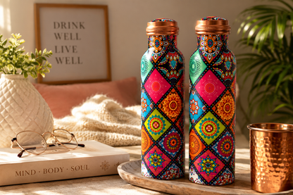 Printed Copper Water Bottle Set of 2 – Mandala Design | 1000ml Each