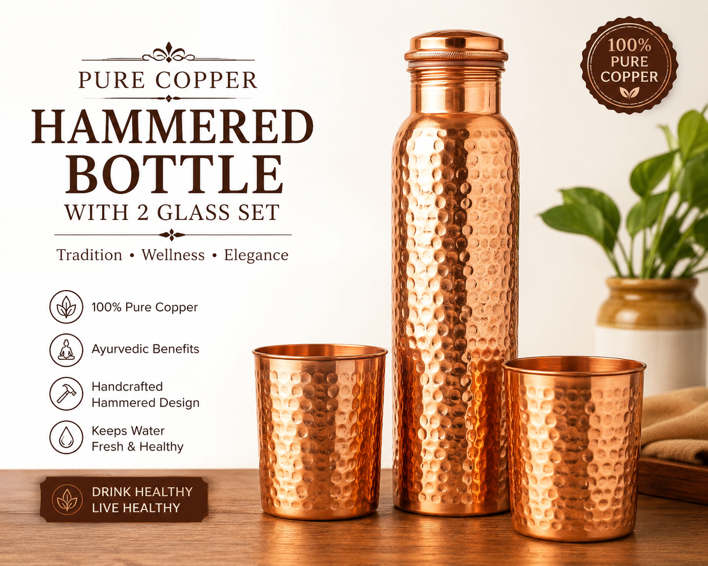 Pure Copper Water Bottle – Hammered Jointless Design | 1L | Handcrafted in India
