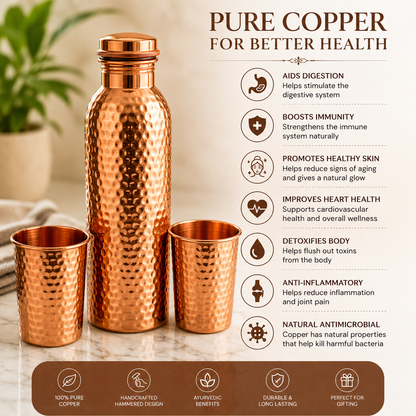 Pure Copper Water Bottle – Hammered Jointless Design | 1L | Handcrafted in India